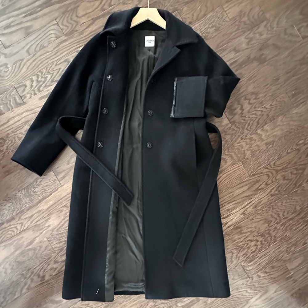 PURE VIRGIN WOOL CINZIA ROCCA BY RODEL S.p.A in ITALY, BELTED BLACK COAT BLACK 8 - Picture 3 of 15